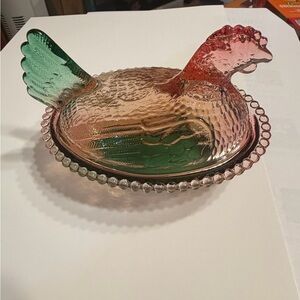 Glass Hen Dish Decorative Candy Dish in Pink and Green 4.75” perfect for Easter